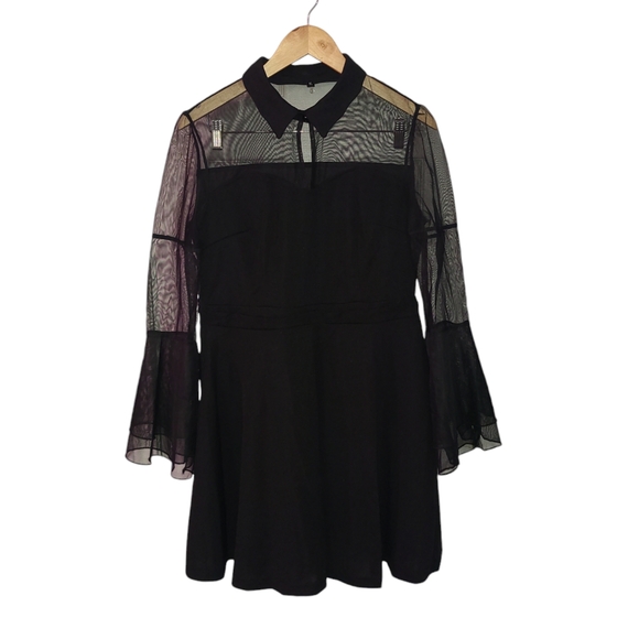 CHARMMA Women's Gothic Peter Pan Collar Keyhole Bell Sleeve Mesh Panel Dress - Picture 2 of 6